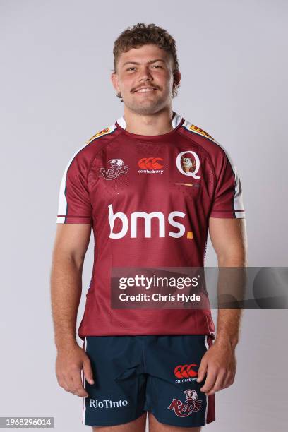 Max Craig poses during the Queensland Reds 2024 Super Rugby headshots session at the National Rugby Training Centre on January 24, 2024 in Brisbane,...