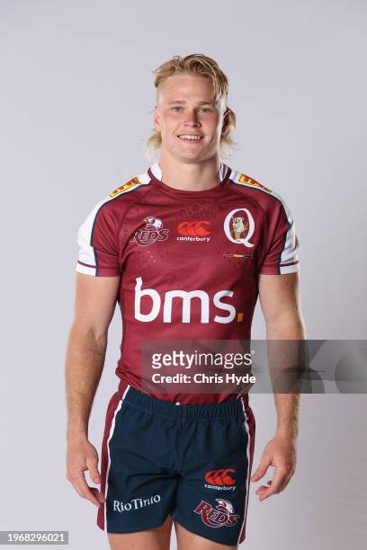 Louis Werchon poses during the Queensland Reds 2024 Super Rugby headshots session at the National Rugby Training Centre on January 24, 2024 in...