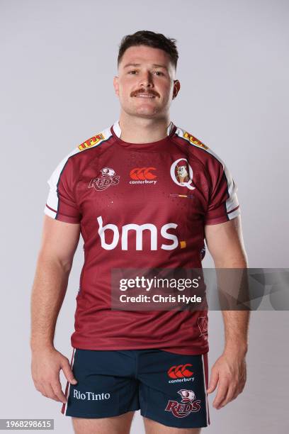 Matt Faessler poses during the Queensland Reds 2024 Super Rugby headshots session at the National Rugby Training Centre on January 24, 2024 in...