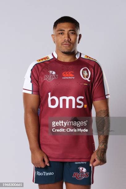 Richie Asiata poses during the Queensland Reds 2024 Super Rugby headshots session at the National Rugby Training Centre on January 24, 2024 in...