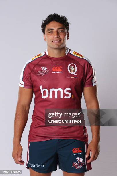 Alex Hodgman poses during the Queensland Reds 2024 Super Rugby headshots session at the National Rugby Training Centre on January 24, 2024 in...