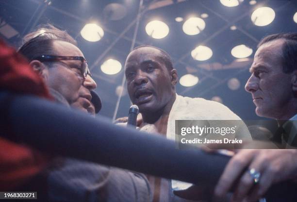 Sportscaster interviews World Heavyweight Champion Sonny Liston in the ring after he successfully dended his title. Liston knocked out former champ...