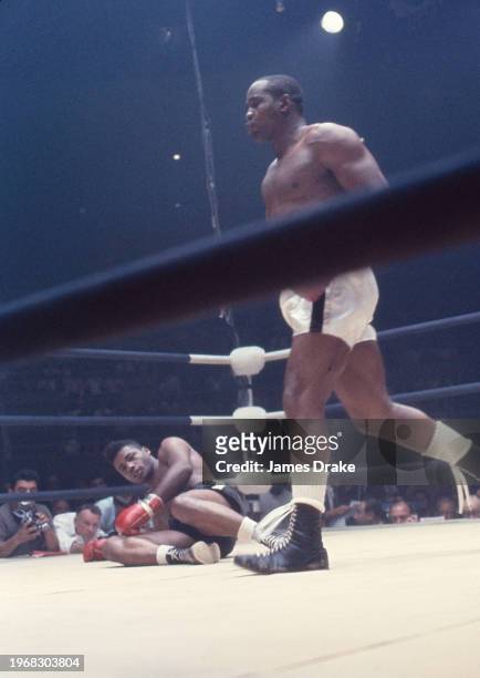 World Heavyweight Champion Sonny Liston knocks down challenger Floyd Patterson during their rematch. Liston knocked out former champ Patterson in the...