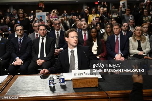 Mark Zuckerberg, CEO of Meta, looks on during the US Senate Judiciary Committee hearing "Big Tech and the Online Child Sexual Exploitation Crisis" in...