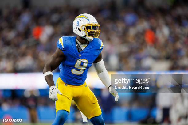 Kenneth Murray Jr. #9 of the Los Angeles Chargers defends in coverage during an NFL football game against the Dallas Cowboys at SoFi Stadium on...