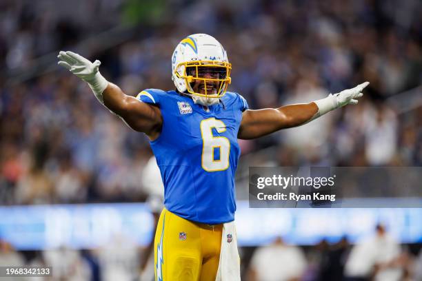 Eric Kendricks of the Los Angeles Chargers celebrates after a play during an NFL football game against the Dallas Cowboys at SoFi Stadium on October...