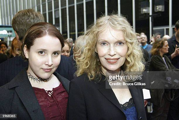 Mia Farrow and daughter Dylan Farrow arrive at the Opening Night of "Gypsy" on Broadway at The Shubert Theatre on May 1, 2003 in New York City.