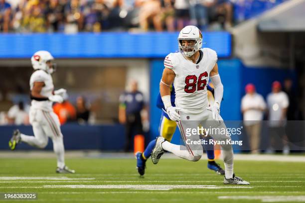 Zach Ertz of the Arizona Cardinals runs a route during an NFL football game against the Los Angeles Rams at SoFi Stadium on October 15, 2023 in...