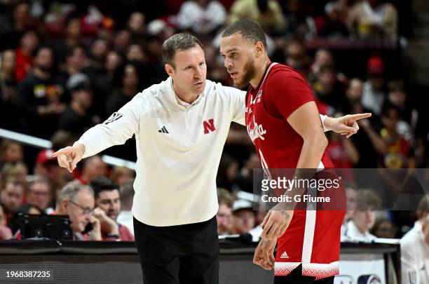 Head coach Fred Hoiberg of the Nebraska Cornhuskers talks with C.J. Wilcher during the first half against the Maryland Terrapins at Xfinity Center on...