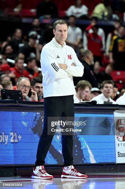 Head coach Fred Hoiberg of the Nebraska Cornhuskers watches the game against the Maryland Terrapins at Xfinity Center on January 27, 2024 in College...