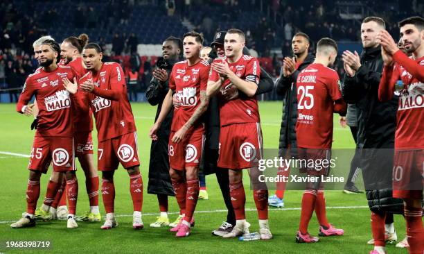 Captain, Brendan Chardonnet of Brest celebrate the score with teammattes and fans after the Ligue 1 Uber Eats match between Paris Saint-Germain and...