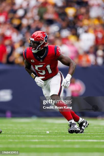 Will Anderson Jr. #51 of the Houston Texans runs around the edge during an NFL football game against the Pittsburgh Steelers, Sunday at NRG Stadium...