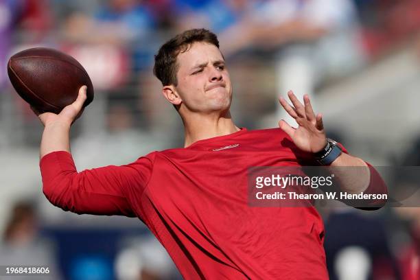 Brock Purdy of the San Francisco 49ers warms-up prior to a game against the Detroit Lions in the NFC Championship Game at Levi's Stadium on January...