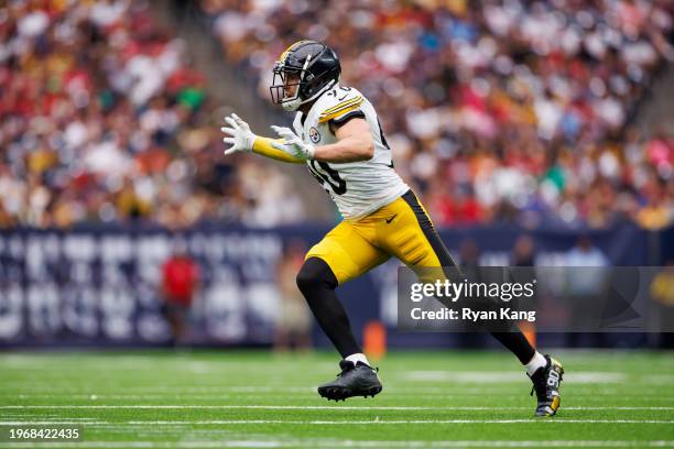 Watt of the Pittsburgh Steelers runs around the edge during an NFL football game against the Houston Texans, Sunday at NRG Stadium on October 1, 2023...