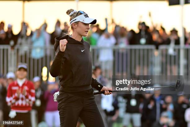 Nelly Korda of the United States celebrates after a victory on the second play-off hole during the final round of the LPGA Drive On Championship at...