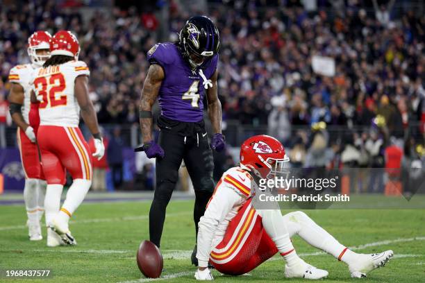 Zay Flowers of the Baltimore Ravens is penalized for taunting L'Jarius Sneed of the Kansas City Chiefs after a reception during the fourth quarter in...