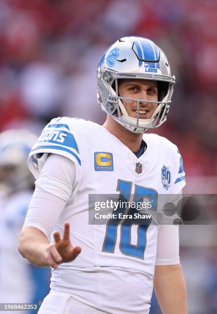 Jared Goff of the Detroit Lions reacts prior to a game against the San Francisco 49ers in the NFC Championship Game at Levi's Stadium on January 28,...
