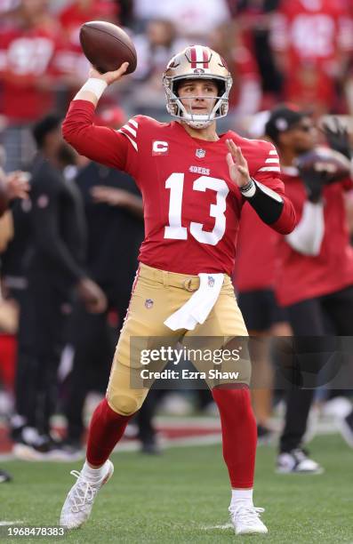 Brock Purdy of the San Francisco 49ers warms-up prior to a game against the Detroit Lions in the NFC Championship Game at Levi's Stadium on January...