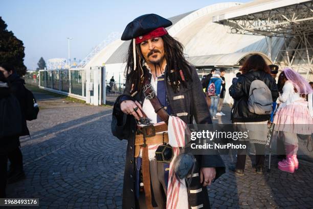 Jack Sparrow cosplayer is posing during the Festival del fumetto fair at Parco Esposizioni Novegro in Milan, Italy, on January 28, 2024.