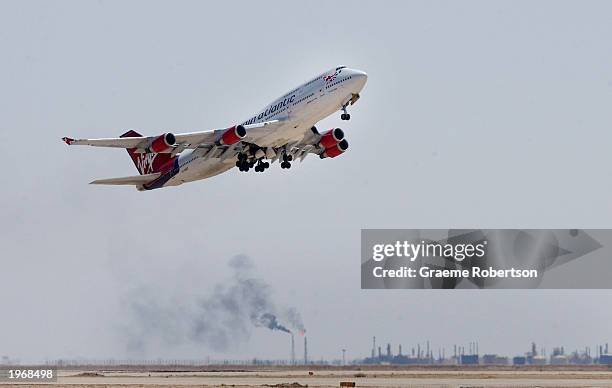 Virgin Atlantic aircraft takes off from the Basrah International Airport May 2, 2003 in Basrah, Iraq. The Virgin Atlantic 747-400 was the first...
