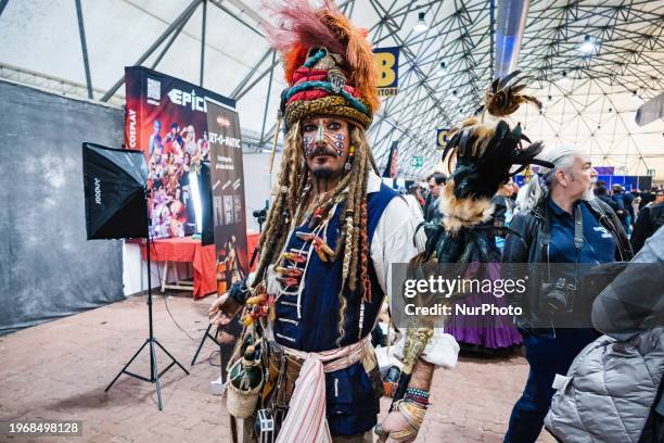 Jack Sparrow cosplayer is posing during the Festival del fumetto fair at Parco Esposizioni Novegro in Milan, Italy, on January 28, 2024.