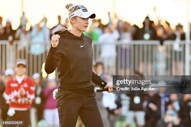 Nelly Korda of the United States celebrates after a victory on the second play-off hole during the final round of the LPGA Drive On Championship at...