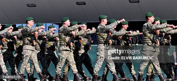 Turkish soldiers march during the handover ceremony for EUFOR's Althea mission in Bosnia-Herzegovina, in Sarajevo, on January 31, 2024.
