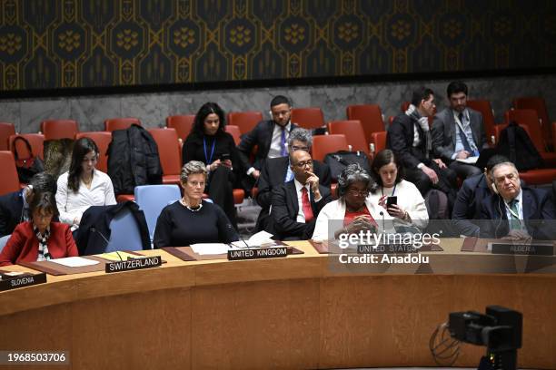 Representative of UN, Linda Thomas Greenfield and UK Representative of UN Barbara Woodward attend the United Nations Security Council meeting after...