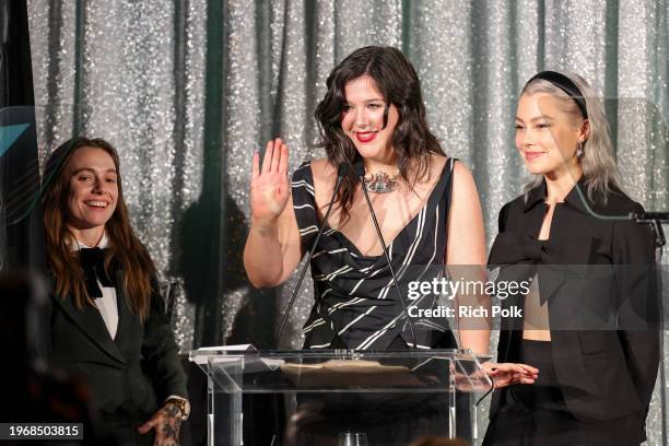 Julien Baker, Lucy Dacus and Phoebe Bridgers of boygenius at the Resonator Awards held at Beauty & Essex on January 30, 2024 in Los Angeles,...