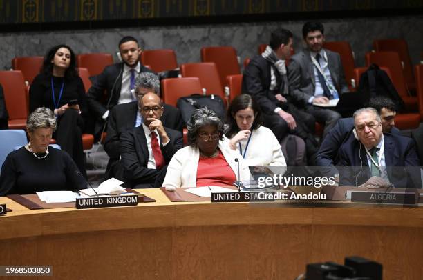 Representative of UN, Linda Thomas Greenfield and UK Representative of UN Barbara Woodward attend the United Nations Security Council meeting after...