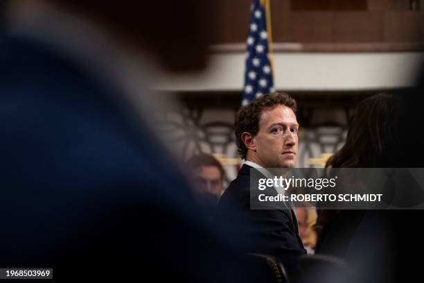 Mark Zuckerberg, CEO of Meta, testifies during the US Senate Judiciary Committee hearing "Big Tech and the Online Child Sexual Exploitation Crisis"...