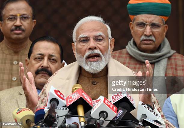 Prime Minister Narendra Modi along with Union Ministers Arjun Ram Meghwal, Jitendra Singh and V. Muraleedharan addresses the media on the first day...