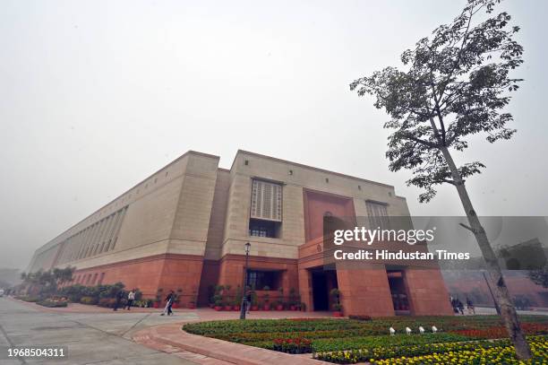 View of Parliament House Building on the first day of the Budget session of Parliament, on January 31, 2024 in New Delhi, India.