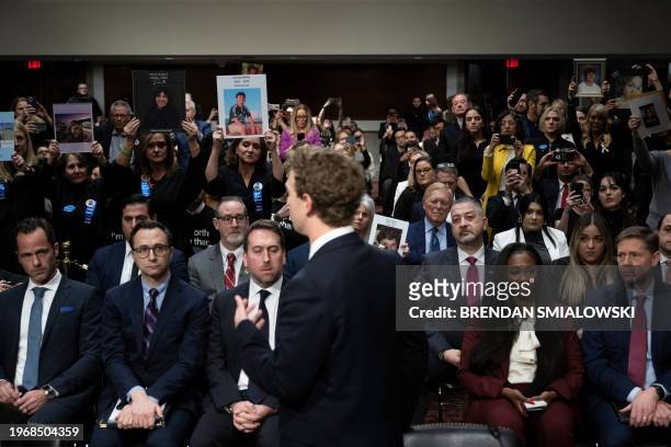 Mark Zuckerberg, CEO of Meta, speaks to victims and their family members as he testifies during the US Senate Judiciary Committee hearing "Big Tech...