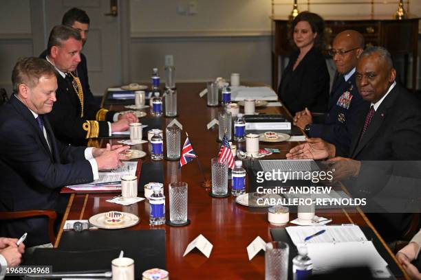 Secretary of Defense Lloyd Austin and Britain's Secretary of Defense Grant Shapps make opening remarks during a meeting at the Pentagon in Arlington,...