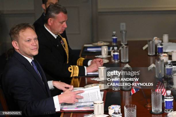 Britain's Secretary of Defense Grant Shapps speaks during a meeting with US Secretary of Defense Lloyd Austin at the Pentagon in Arlington, Virginia...