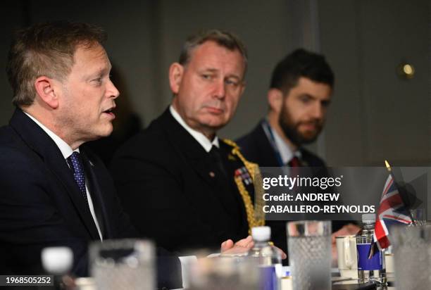 Britain's Secretary of Defense Grant Shapps speaks during a meeting with US Secretary of Defense Lloyd Austin at the Pentagon in Arlington, Virginia...