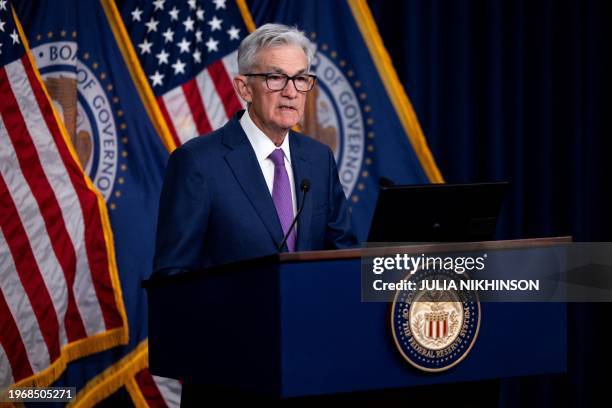 Federal Reserve chair Jerome Powell holds a news conference after a Federal Open Market Committee meeting in Washington, DC, on January 31, 2024....