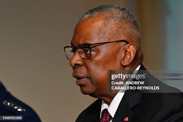 Secretary of Defense Lloyd Austin speaks during opening remarks at a meeting with Britain's Secretary of Defense Grant Shapps at the Pentagon in...