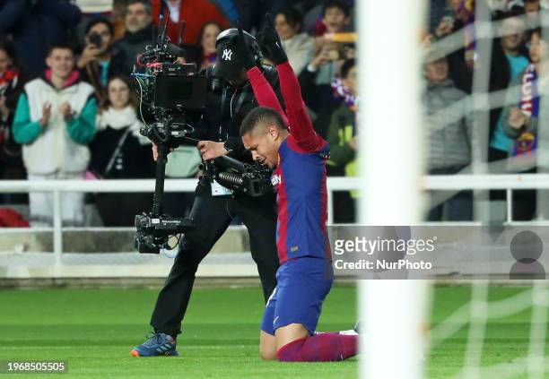 Vitor Roque is celebrating a goal during the match between FC Barcelona and CA Osasuna for week 20 of LaLiga EA Sports, played at the Olympic Stadium...