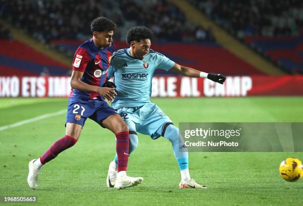 Lamine Yamal and Johan Mojica are playing in the match between FC Barcelona and CA Osasuna for week 20 of LaLiga EA Sports at the Olympic Stadium...