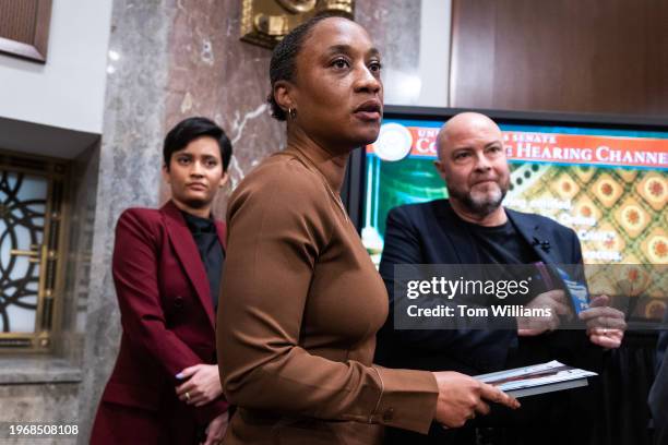 Sen. Laphonza Butler, D-Calif., talks with Sam Chapman, right, who lost his son Sammy Chapman to fentanyl poisoning from pills purchase on Snapchat,...