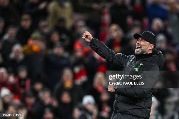 Liverpool's German manager Jurgen Klopp celebrates at the end of the English Premier League football match between Liverpool and Chelsea at Anfield...