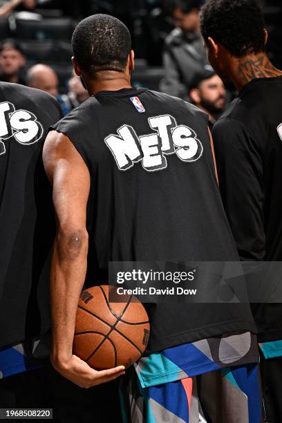 Mikal Bridges of the Brooklyn Nets looks on before the game against the Houston Rockets on January 27, 2024 at Barclays Center in Brooklyn, New York....