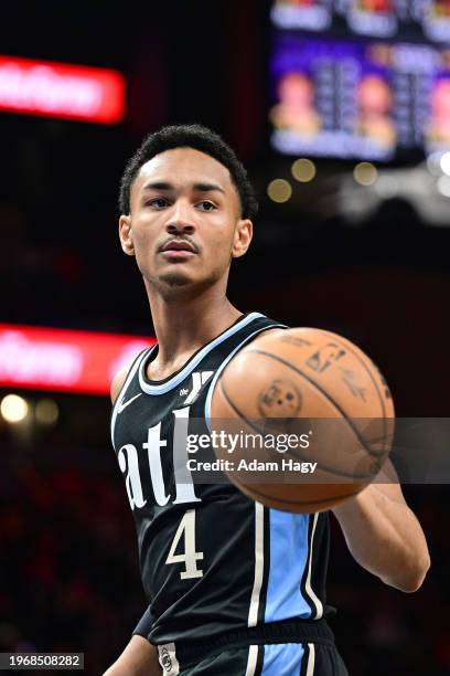 Kobe Bufkin of the Atlanta Hawks looks on during the game against the Los Angeles Lakers on January 30, 2024 at State Farm Arena in Atlanta, Georgia....