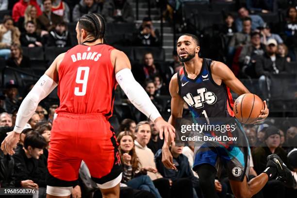 Mikal Bridges of the Brooklyn Nets handles the ball during the game against the Houston Rockets on January 27, 2024 at Barclays Center in Brooklyn,...