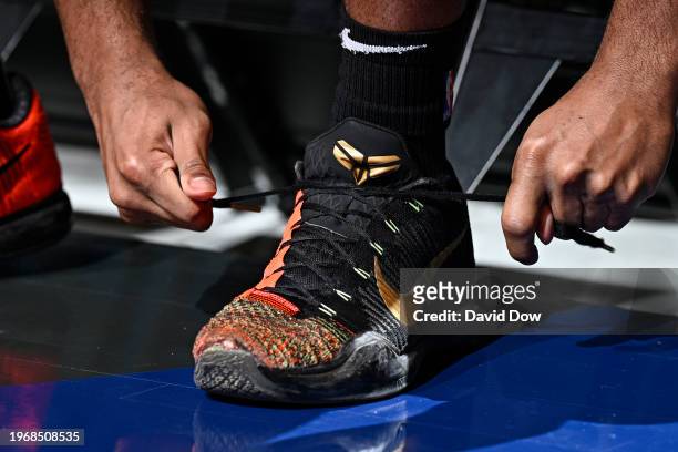 The sneakers worn by Cam Thomas of the Brooklyn Nets during the game against the Houston Rockets on January 27, 2024 at Barclays Center in Brooklyn,...