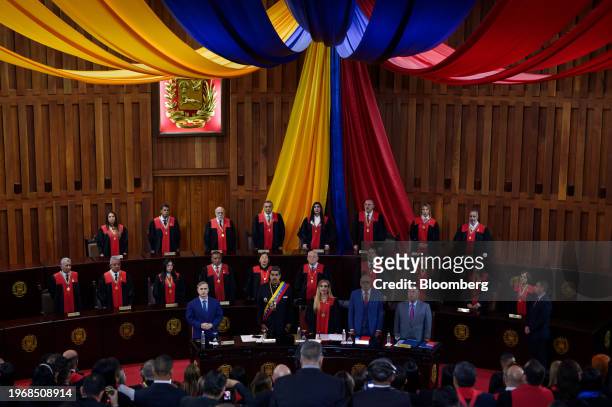 Tarek William Saab, Venezuela's public prosecutor, from front row left, Nicolas Maduro, Venezuela's president, Caryslia Rodriguez, president of the...