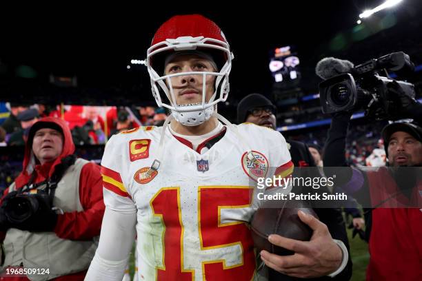 Patrick Mahomes of the Kansas City Chiefs reacts after a 17-10 victory against the Baltimore Ravens in the AFC Championship Game at M&T Bank Stadium...