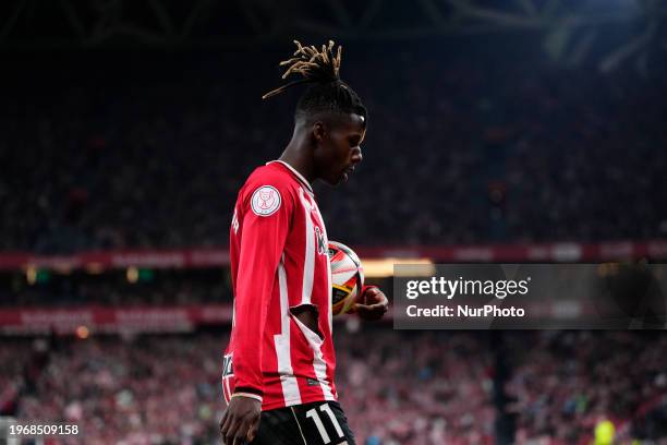 Nico Williams Left Winger of Athletic Club and Spain reacts during the Copa del Rey match between Athletic Club and FC Barcelona at San Mames Stadium...